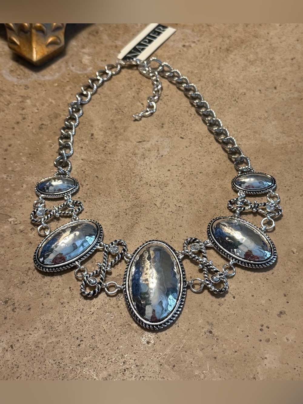 NWT Napier All-Silver Tone Oval Dome Statement Bib Necklace
